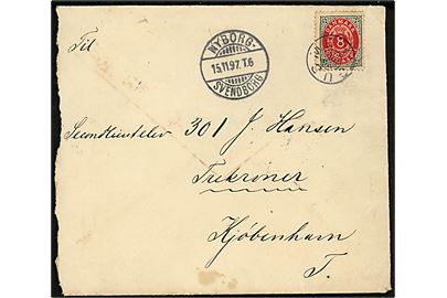 8 øre Tofarvet på brev annulleret med stjernestempel GUDME og sidestemplet bureau Nyborg - Svendborg T.6 d. 15.11.1897 til soldat på søfortet Trekroner ved København. Urent åbnet i venstre side.