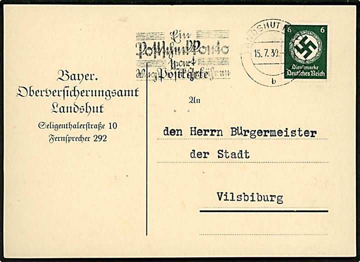 6 pfg. Tjenestemærke på brevkort fra Landshut d. 15.7.1939 til Vilsbiburg.