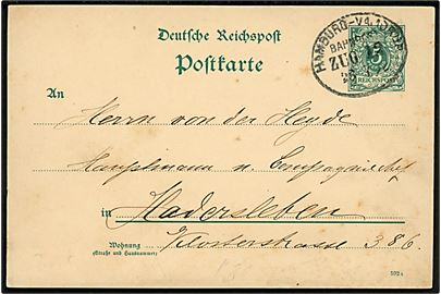 5 pfg. Ciffer helsagsbrevkort fra Schleswig annulleret med bureaustempel Hamburg - Vamdrup Bahnpost Zug 12 d. 26.7.1892 til Haderslev.