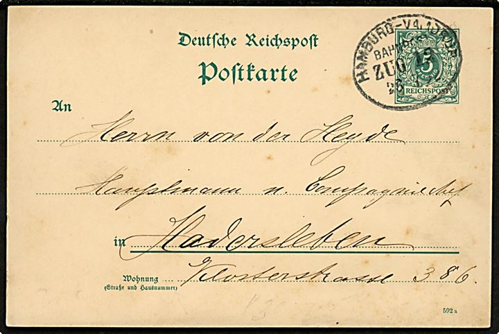 5 pfg. Ciffer helsagsbrevkort fra Schleswig annulleret med bureaustempel Hamburg - Vamdrup Bahnpost Zug 12 d. 26.7.1892 til Haderslev.