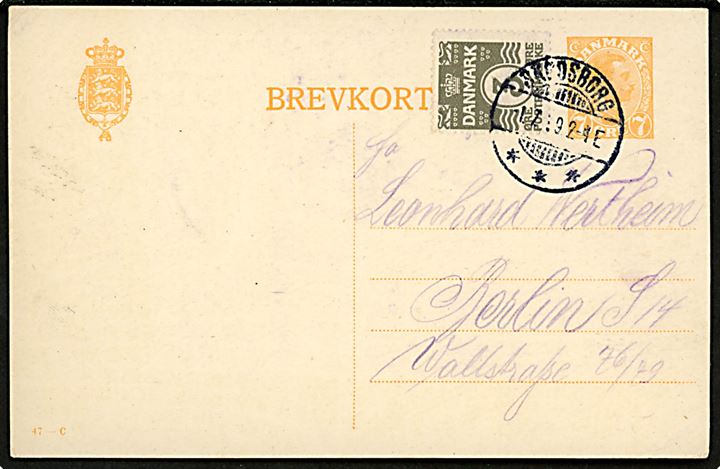 7 øre Chr. X helsagsbrevkort (fabr. 47-C) opfrankeret med 3 øre Bølgelinie fra Svendborg d. 1.7.1919 til Berlin, Tyskland.