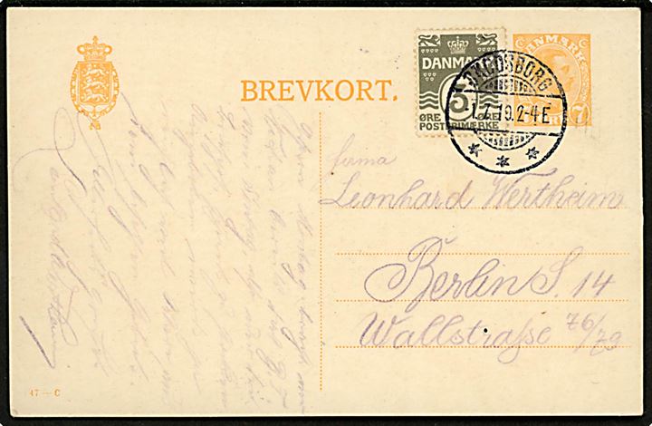 7 øre Chr. X helsagsbrevkort (fabr. 47-C) opfrankeret med 3 øre Bølgelinie fra Svendborg d. 1.7.1919 til Berlin, Tyskland.
