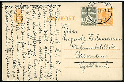 7 øre Chr. X helsagsbrevkort (fabr. 47-C) opfrankeret med 3 øre Bølgelinie fra Kjøbenhavn d. 1.6.1919 til Bremen, Tyskland.