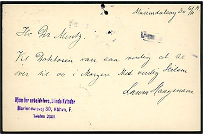 5 øre Chr. X helsagsbrevkort (fabr. 45-C) fra Hjem for arbejdsføre blinde Kvinder sendt lokalt i Kjøbenhavn d. 6.10.1919.