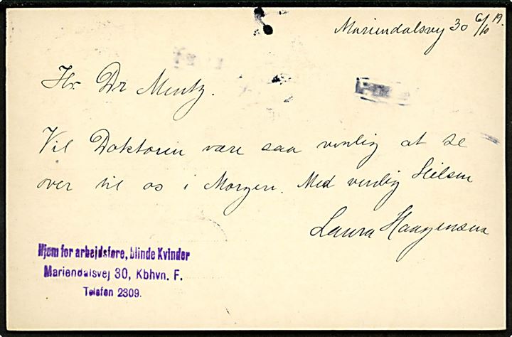 5 øre Chr. X helsagsbrevkort (fabr. 45-C) fra Hjem for arbejdsføre blinde Kvinder sendt lokalt i Kjøbenhavn d. 6.10.1919.