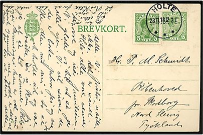 5 øre Chr. X helsagsbrevkort (fabr. 42-C) opfrankeret med 5 øre Chr. X annulleret med brotype IIIb Holte d. 23.11.1918 til Københoved pr. Skodborg, Nordslesvig.