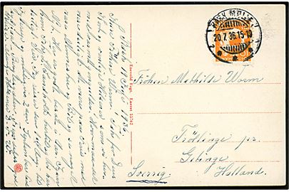 10 øre H. C. Andersen på brevkort annulleret med brotype Ic Rask Mølle d. 20.7.1936 til Sverige.