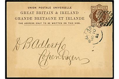 1d Victoria helsagsbrevkort annulleret med duplex stempel i Belfast d. 10.11.1882 til København, Danmark.