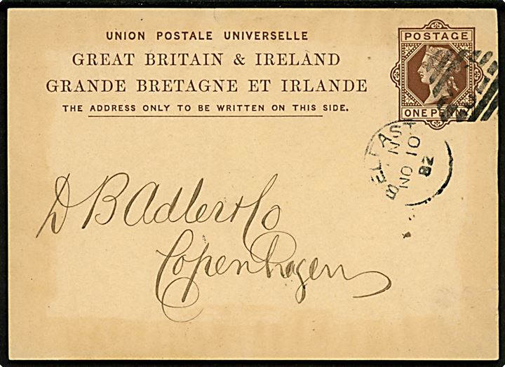 1d Victoria helsagsbrevkort annulleret med duplex stempel i Belfast d. 10.11.1882 til København, Danmark.