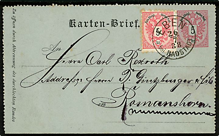 5 kr. helsagskorrespondancekort opfrankeret med 5 kr. Våben fra Eben bei Radstadt d. 26.7.1888 til Romanshorn, Schweiz.