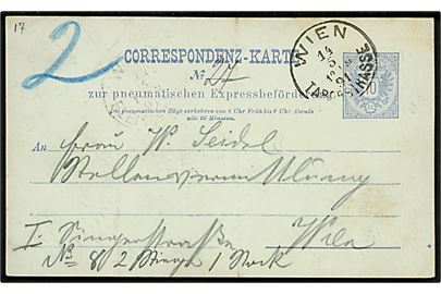 10 kr. helsags rørpost brevkort sendt lokalt i Wien d. 14.5.1891.