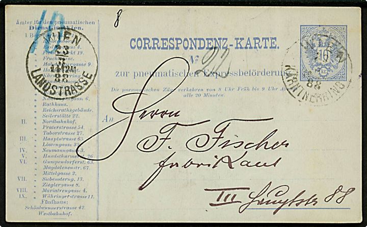 10 kr. helsags rørpost brevkort sendt lokalt i Wien d. 23.3.1888.