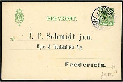 5 øre Chr. X helsagsbrevkort med udelt forside fra Faaborg annulleret bureau Nyborg - Faaborg T.4 d. 14.6.1918 til Fredericia.