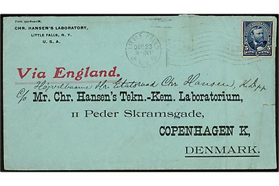 5 cents single på fortrykt kuvert fra Chr. Hansen's Laboratory Little Falls d. 23.12.1902 påtrykt Via England til Etatsraad Chr. Hansen, Kommandør af Dannebrog, København, Danmark.