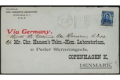 5 cents Lincoln single på fortrykt kuvert fra Chr. Hansen's Laboratory Little Falls d. 30.7.1903 påtrykt Via Germany til Etatsraad Chr. Hansen, Kommandør af Dannebrog, København, Danmark.