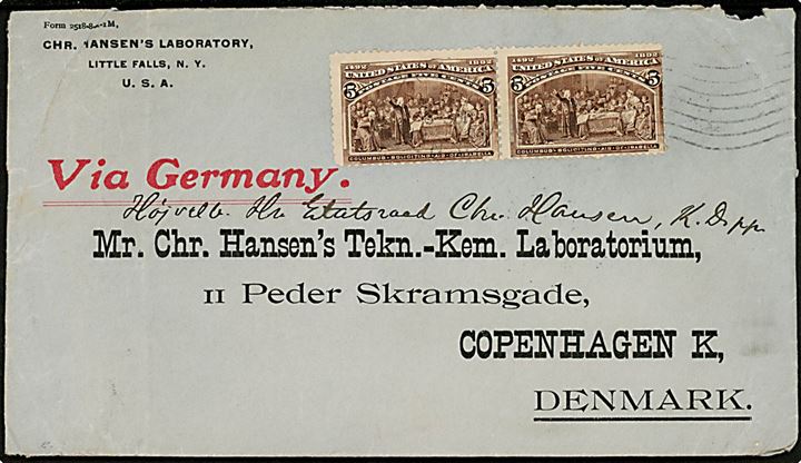 5 cents Colombus Landing (par) på fortrykt kuvert fra Chr. Hansen's Laboratory Little Falls 1903 påtrykt Via Germany til Etatsraad Chr. Hansen, Kommandør af Dannebrog, København, Danmark.