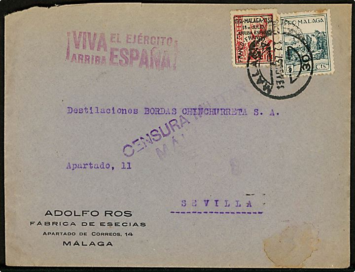 30 cts. Malaga provisorium og 5 cts. Pro Malaga velgørenhed på brev fra Malaga d. 23.8.1937 til SEvilla. Lokal censur fra Malaga.