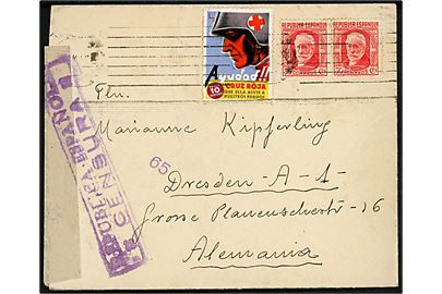 30 cts. (par) og 10 cts. Røde Kors velgørenhedsmærke på brev annulleret med svagt stempel til Dresden, Tyskland. Åbnet af spansk censur. 