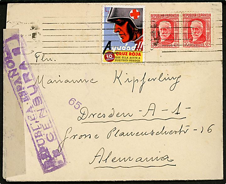 30 cts. (par) og 10 cts. Røde Kors velgørenhedsmærke på brev annulleret med svagt stempel til Dresden, Tyskland. Åbnet af spansk censur. 