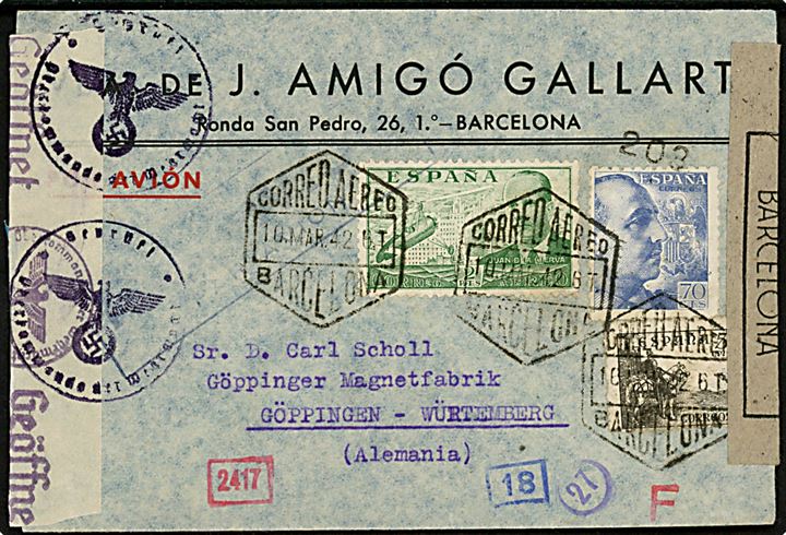 5 cts. Rytter, 70 cts. Franco og 2 pts. Luftpost på luftpostbrev fra Barcelona d. 10.3.1942 til Göppingen, Tyskland. Åbnet af både spansk censur i Barcelona og tysk censur. 