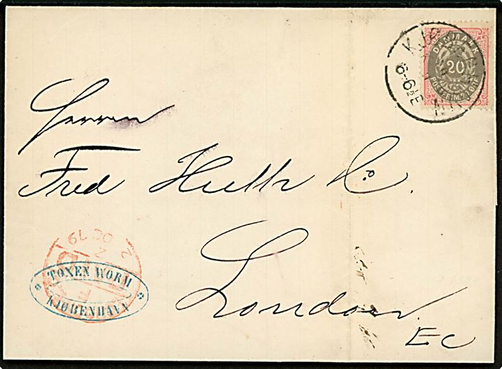 20 øre Tofarvet på brev fra Kjøbenhavn d. 30.9.1879 til London, England.