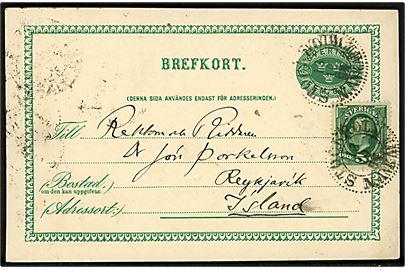 5 öre Tre Kroner helsagsbrevkort opfrankeret med 5 öre Oscar II fra Stockholm d. 13.10.1894 via København d. 15.10.1894 til Reykjavik, Island. Ank.stemplet i Reykjavik d. 27.11.1894.
