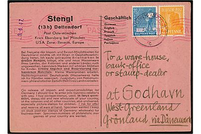 20 pfg. og 25 pfg. Deutsche Post udg. på brevkort fra Furth d. 3.4.1947 til Godhavn, Grønland via Danmark. Passér stemplet ved den amerikanske efterkrigscensur i München. 