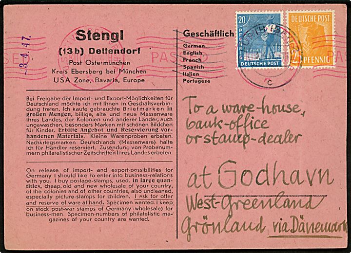 20 pfg. og 25 pfg. Deutsche Post udg. på brevkort fra Furth d. 3.4.1947 til Godhavn, Grønland via Danmark. Passér stemplet ved den amerikanske efterkrigscensur i München. 