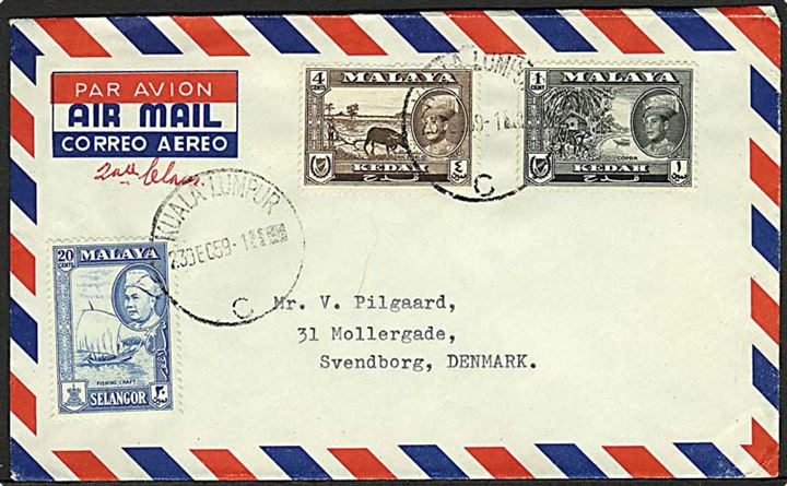 Kedah 1 c. og 4 c., samt Selangor 20 c. på luftpostbrev fra Kuala Lumpur d. 23.12.1959 til Svendborg, Danmark.
