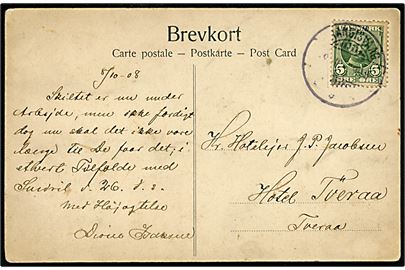 5 øre Fr. VIII på brevkort (Ungt par i egnsdragter) annulleret med brotype Ig Trangisvaag d. 8.10.1908 til Hotel Tveraa, Tveraa.