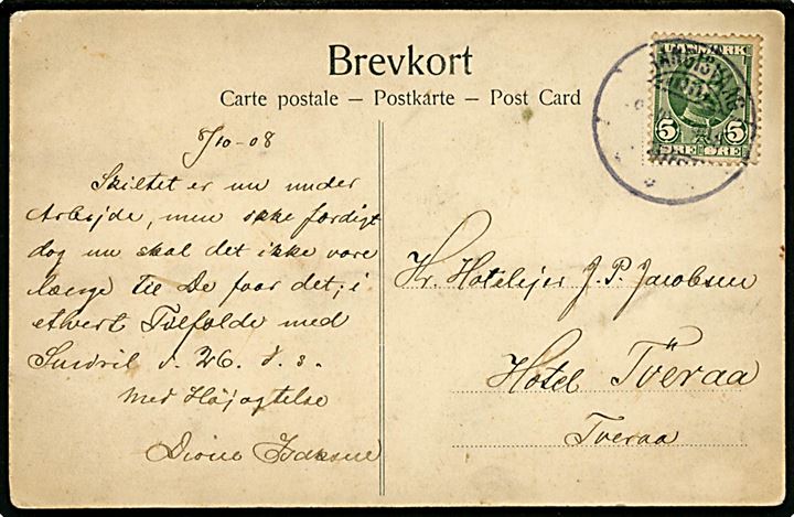 5 øre Fr. VIII på brevkort (Ungt par i egnsdragter) annulleret med brotype Ig Trangisvaag d. 8.10.1908 til Hotel Tveraa, Tveraa.