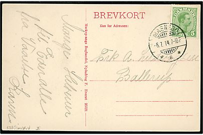 5 øre Chr. X på brevkort (Parti fra Orehoved) annulleret med brotype Ia Masnedø d. 6.7.1914 til Ballerup.