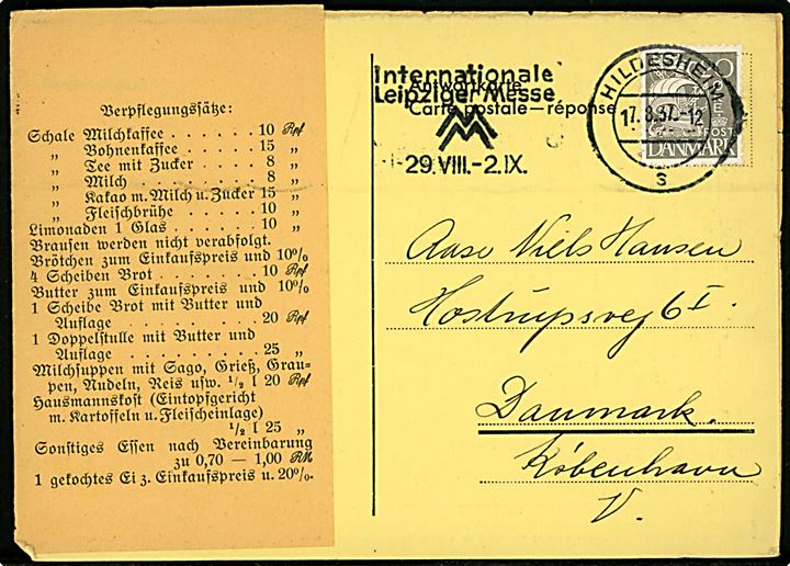 20 øre Karavel på internationalt svarbrevkort annulleret med tysk stempel i Hildesheim d. 17.8.1937 til København, Danmark.