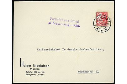 15 øre Karavel på brev fra Maribo d. 27.2.1939 til København. Violet 2-liniestempel: Forsinket paa Grund af Fejlsortering i Boks.