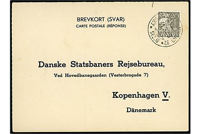 20 øre Karavel på internationalt svar-brevkort annulleret med italiensk bureaustempel AMB. Trieste-Milano 92 * Sez. G. * d. 31.3.1939 til København, Danmark.