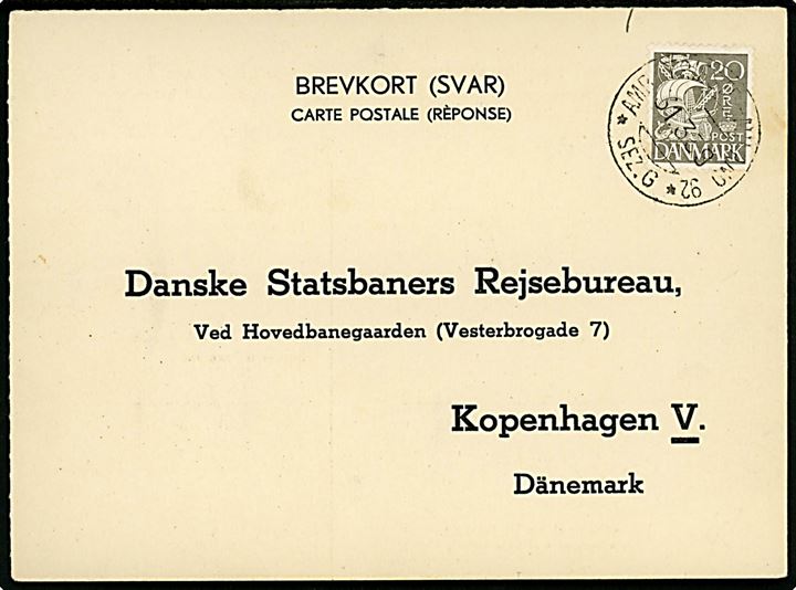 20 øre Karavel på internationalt svar-brevkort annulleret med italiensk bureaustempel AMB. Trieste-Milano 92 * Sez. G. * d. 31.3.1939 til København, Danmark.