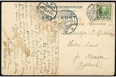 5 øre Fr. VIII på brevkort annulleret med stjernestempel SIMMERBØLLE og sidestemplet Rudkjøbing d. 2.1.1910 til Brande.