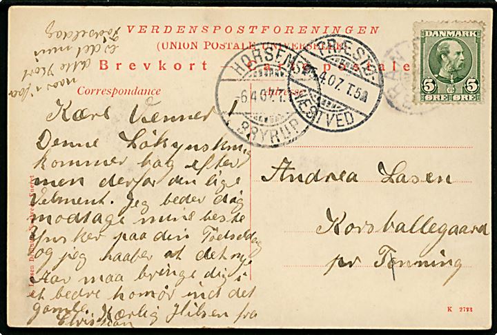 5 øre Chr. IX på brevkort (Brandelev) annulleret med svagt stjernestempel BRANDELEV sidestemplet Præstø - Næstved T.5 d. 5.4.1907 til Tørring. Ank.stemplet med bureaustemepel Horsens - Bryrup T.1 d. 6.4.1907.