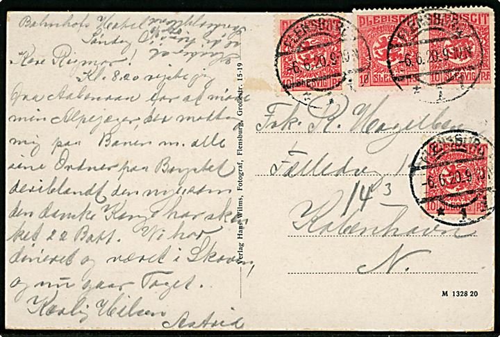 10 pfg. Fælles udg. (4) på 40 pfg. frankeret brevkort fra Flensburg d. 6.6.1920 til København.