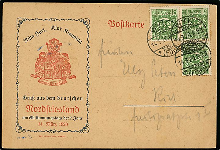 5 pfg. Fælles udg. (3) på brevkort Gruss aus dem deutschen Nordfriesland am Abstimmungstage der 2. Zone annulleret Wyk *(Föhr)* d. 14.3.1920 til Kiel.