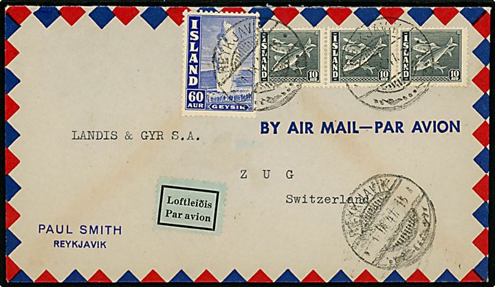 10 aur Sild (3) og 60 aur Geysir på luftpostbrev fra Reykjavik d. 1.9.1947 til Zug, Schweiz.