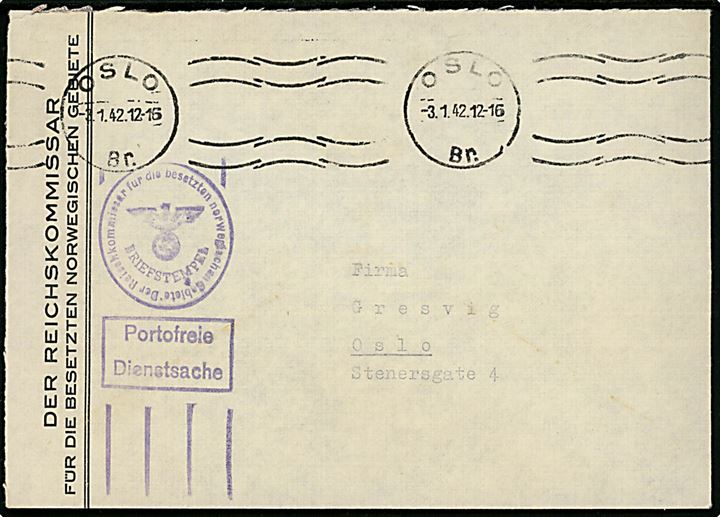 Ufrankeret fortrykt tysk tjenestebrev fra Der Reichskommissar für die besetzen norwegischen Gebiete sendt lokalt i Oslo d. 3.1.1942.