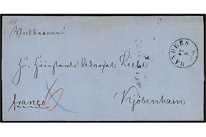 1864. Ufrankeret brev mærket Franco med preussisk gebyr 6 sk. og antiqua Randers d. 2.8.1864 til Kjøbenhavn. Fra perioden hvor posten i Jylland blev betjent af det preussiske feltpostvæsen, men inden der blev genåbnet skibspost til de østjyske havne. Befordret via Slesvig med rammestempel Schlesw. Post-Sped-Bur- Zug No. 1 Südlich d. 4.8.1864. God kombination.