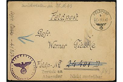 Ufrankeret tysk feltpostbrev med stempel Feldpost d. 18.9.1943 fra soldat ved Feldpost nr. 41367 (= 6. Fernsprech-Betriebs-Zug Nachrichten-Regiment z.b.V. 618) til soldat ved feldpost nr. 24401D (= 7. Kompanie Grenadier-Regiment 331). Returneret med stempel Nicht zustellbar.