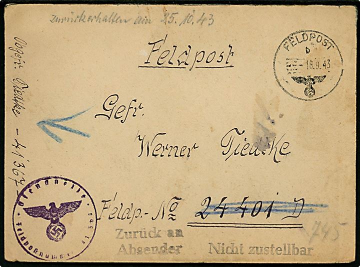 Ufrankeret tysk feltpostbrev med stempel Feldpost d. 18.9.1943 fra soldat ved Feldpost nr. 41367 (= 6. Fernsprech-Betriebs-Zug Nachrichten-Regiment z.b.V. 618) til soldat ved feldpost nr. 24401D (= 7. Kompanie Grenadier-Regiment 331). Returneret med stempel Nicht zustellbar.