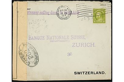 8 cents Franklin single på brev fra New York d. 14.3.1917 til Zürich, Schweiz. Violet stempel By steamer sailing direct to ENGLAND og åbnet af fransk censur no. 202.