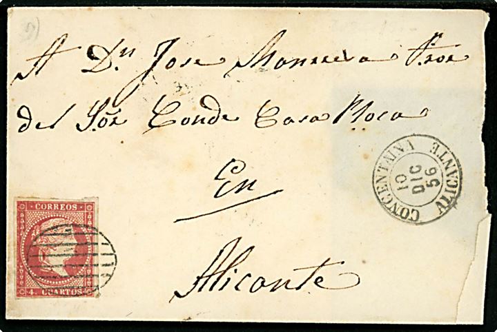 4 cs. Isabella II single på brev annulleret med riststempel og sidestemplet Concentaina Alicante d. 10.12.1856 til Alicante. Revet på bagsiden.
