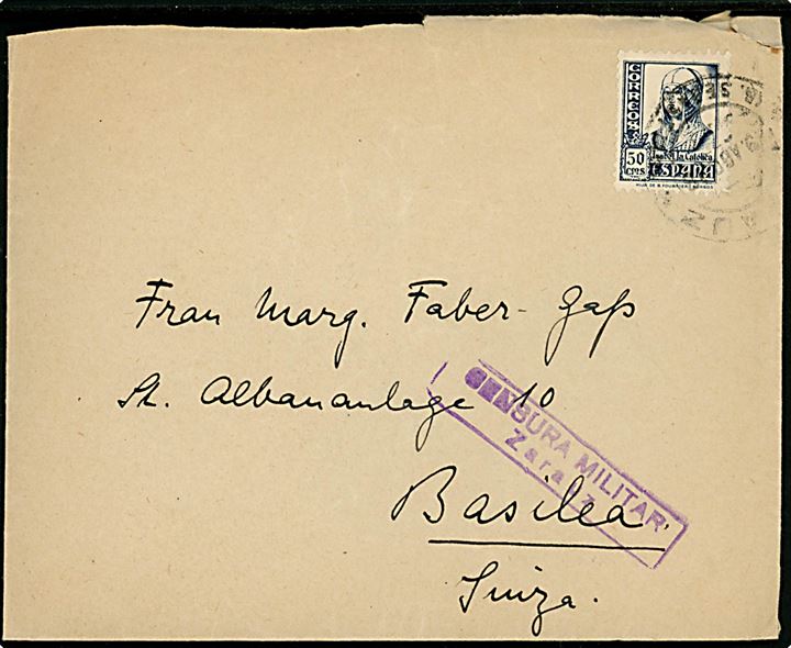 50 cts. Isabel single på brev fra Zarauz d. 9.8.1938 til Basel, Schweiz. Lokal spansk censur fra Zarauz.