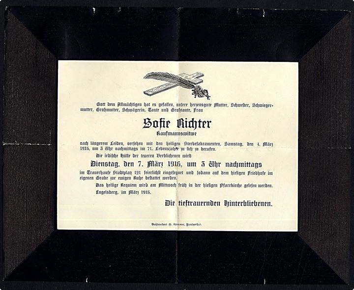 10 h. Franz Joseph single på sørgebrev fra Engelsberg Österr. Schles. d. 8.3.1916 til Nykøbing F., Danmark. Østrigsk censur fra Troppau.