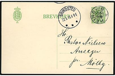 5 øre Chr. X helsagsbrevkort annulleret med stjernestempel HEINSVIG og sidestemplet brotype IIIb Grindsted d. 22.5.1916 til Ansager pr. Mølby.